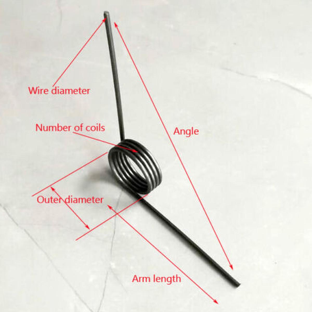 Wire dia. 0.6 mm Outer dia. 7 mm Coils 6 Arm Length 21 mm Torsion Spring