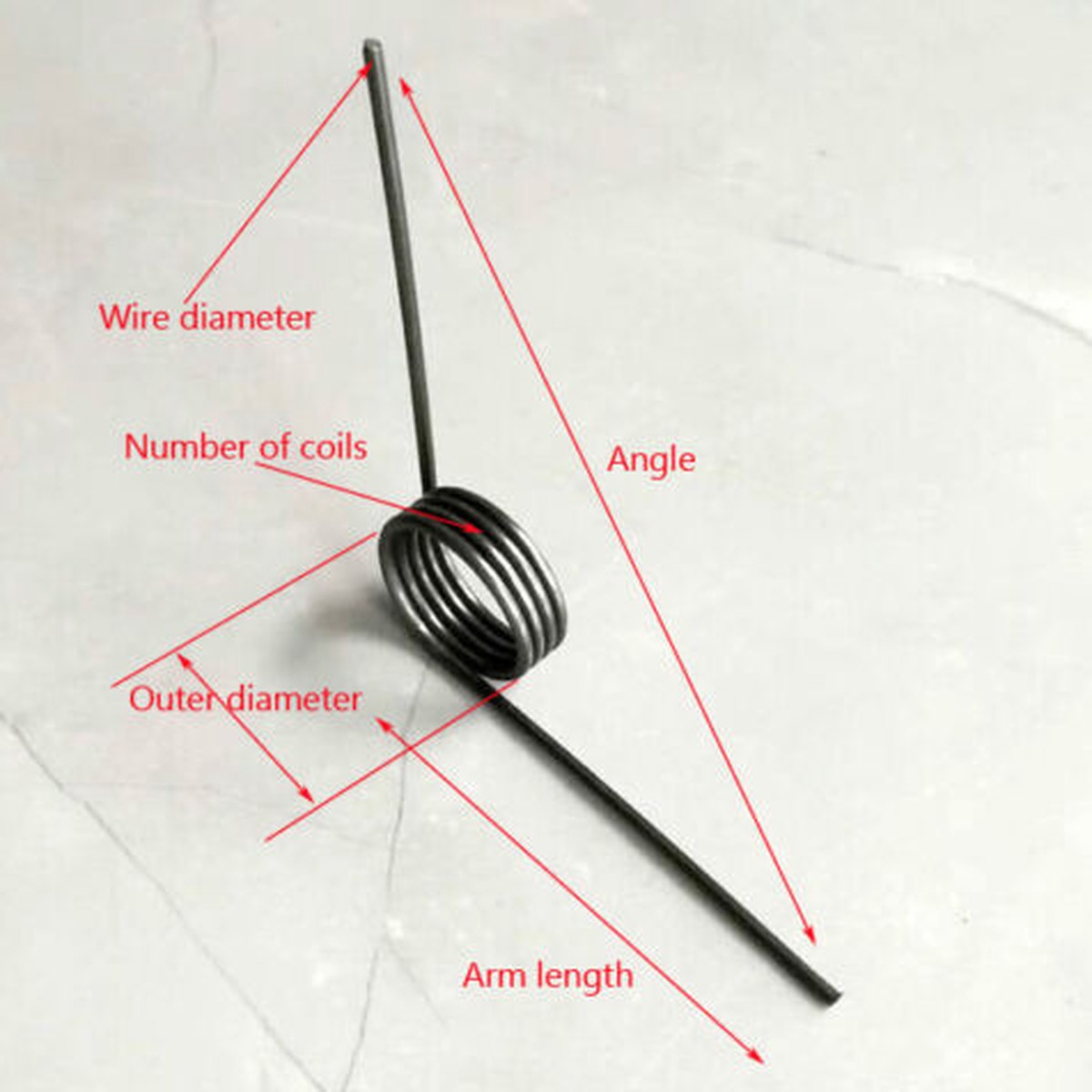 Wire dia. 0.8 mm Outer dia. 6.5 mm Coils 3 Arm Length 30 mm Torsion Spring