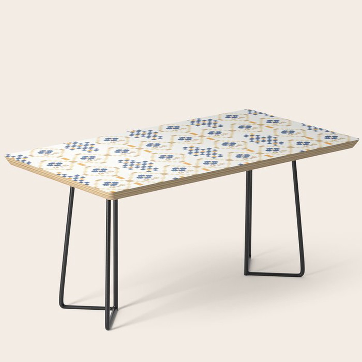Scandinavian Geometric Floral Pattern  Nordic Folk Tile Design Blue and Mustard Modern Decor Coffee Table