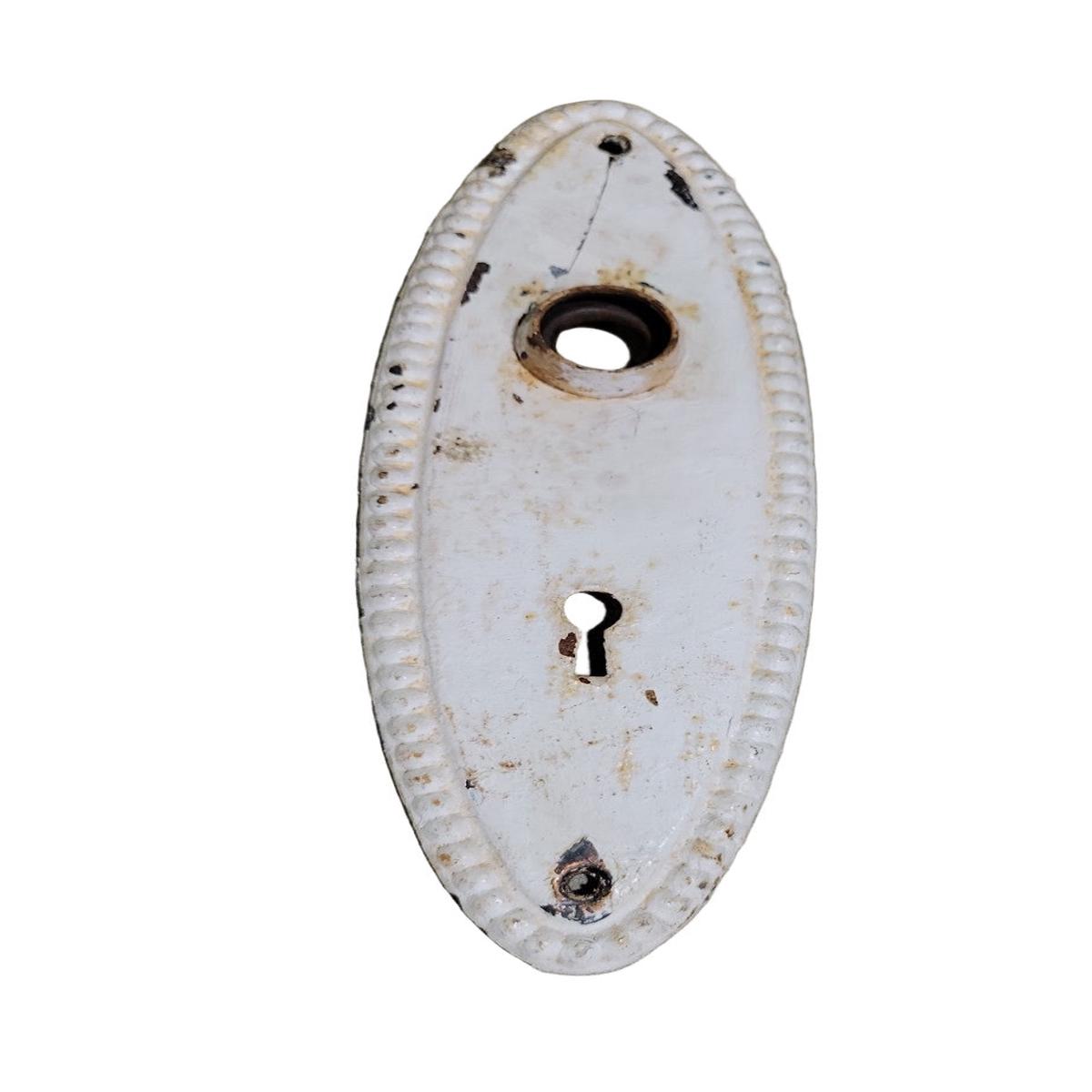"Copley" Pattern Cast Iron Beaded Oval Doorknob Backplate  Keyhole Style