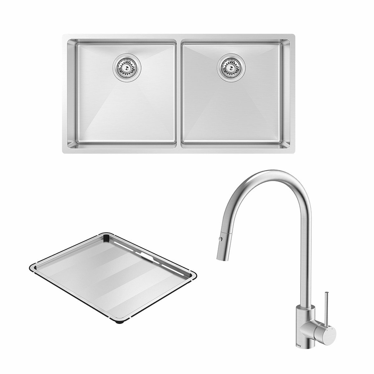 Abey Alfresco 400 Double Bowl Sink With Drain Tray and Dual Spray Kitchen Mixer Stainless Steel